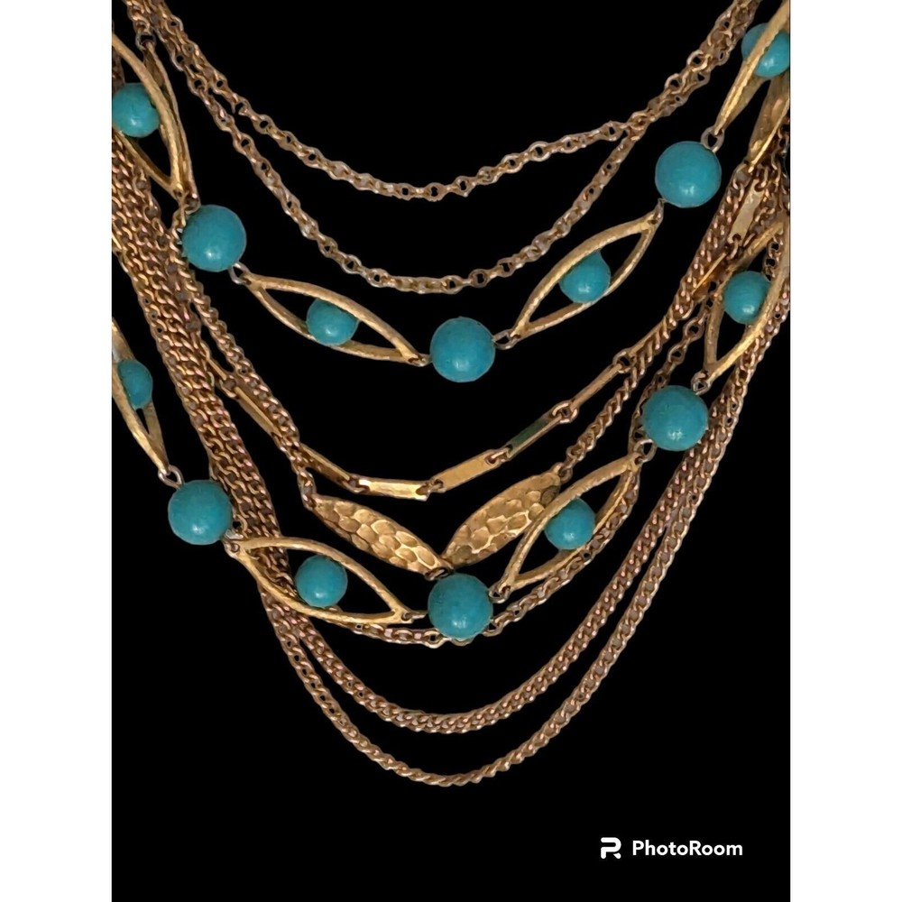 Vintage Pakula Faux Turquoise Beaded 14" Multi Chain Necklace Gold Tone 1960's - Picture 2 of 8